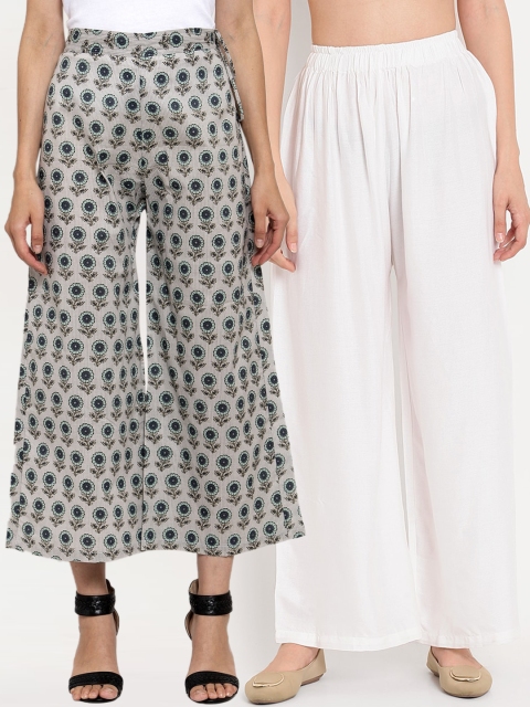 

TAG 7 Women White & Grey Printed Flared Palazzos