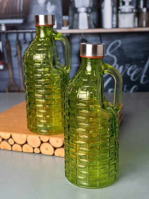 

White Gold Set Of 2 Green & Silver Toned Textured Airtight Glass Bottles
