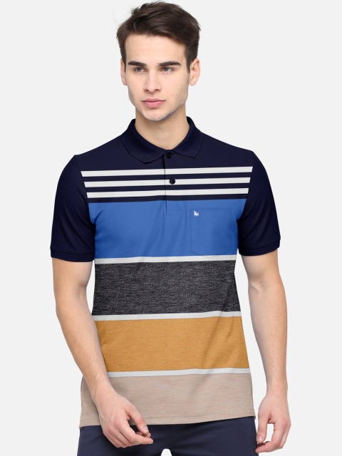 

BULLMER Men Navy Blue Striped Polo Collar T-shirt