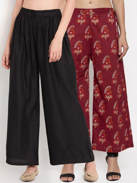 

TAG 7 Women Pack Of 2 Black & Maroon Printed Flared Palazzos