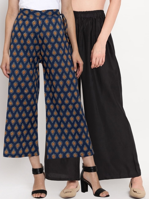 

TAG 7 Women Black & Blue Printed Flared Palazzos