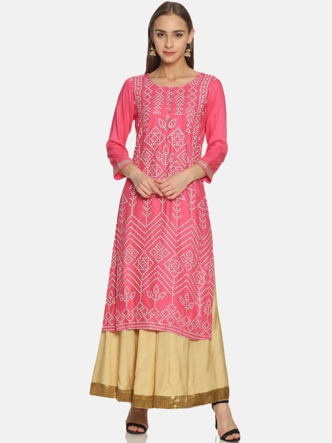 

Saffron Threads Women Pink & White Bandhani Print Straight Kurta