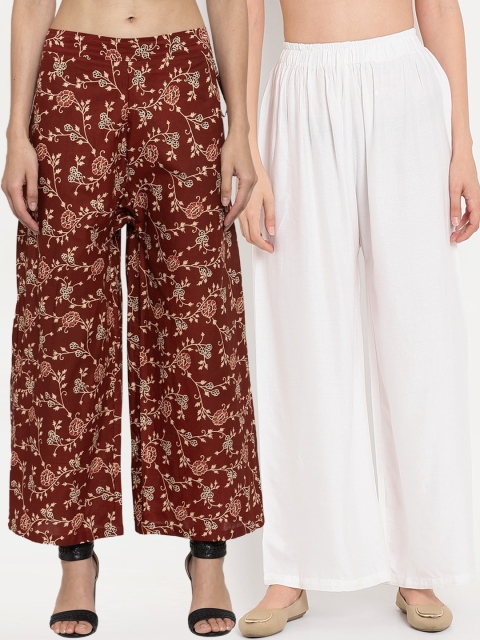 

TAG 7 Women Pack Of 2 White & Maroon Printed Flared Palazzos
