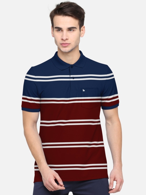 

BULLMER Men Maroon & Blue Striped Polo Collar T-shirt