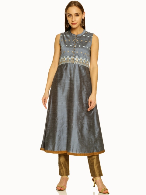

Saffron Threads Women Blue & Gold Yoke Design A-Line Kurta