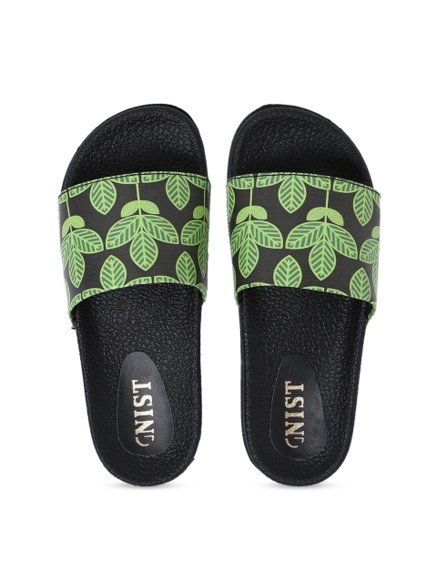 

GNIST Women Black & Green Printed Sliders