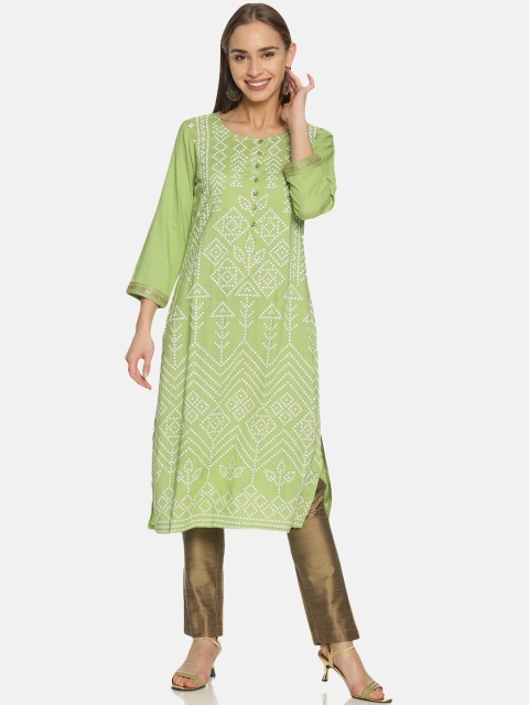 

Saffron Threads Women Lime Green & White Printed Straight Kurta