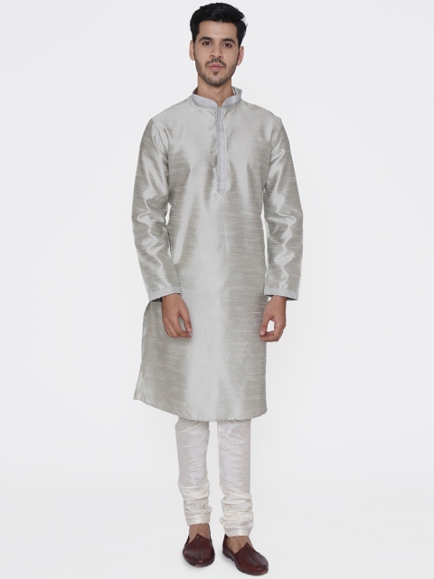 TABARD Men Silver-Toned & White Solid Kurta with Churidar