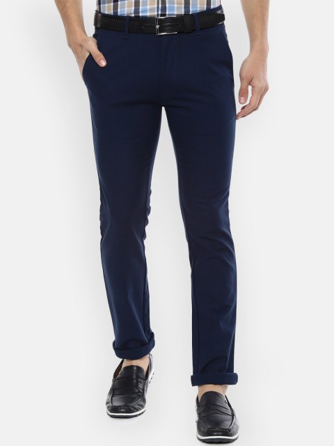 

V Dot Men Navy Blue Slim Fit Self Design Regular Trousers