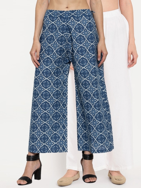 

TAG 7 Women Pack Of 2 White & Blue Printed Flared Palazzos