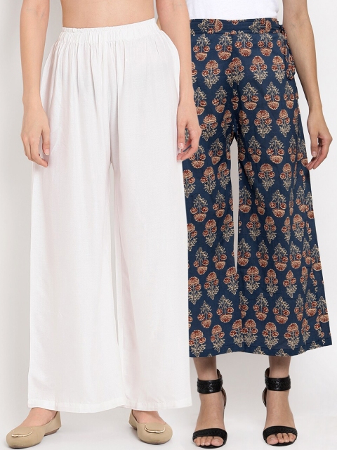 

TAG 7 Women White & Navy Blue Printed Flared Palazzos