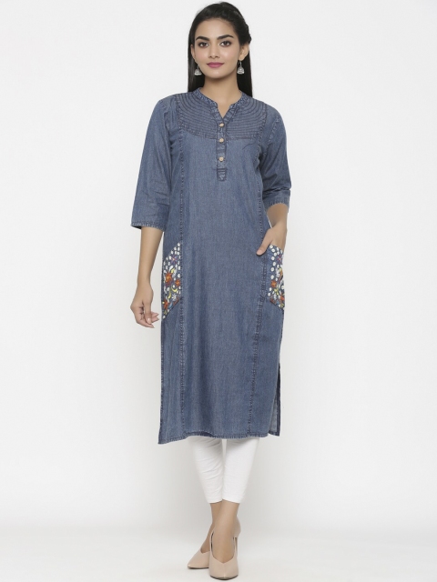 

RANGMAYEE Women Navy Blue Solid Denim Straight Kurta