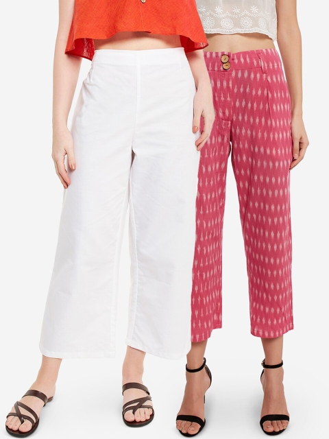 

Desi Weavess Women White & Pink Solid Straight Palazzos