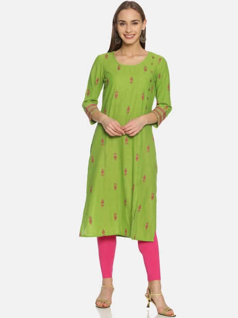 

Saffron Threads Women Green & Pink Woven Design Straight Kurta