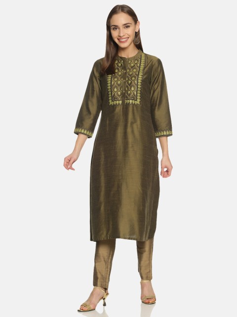 

Saffron Threads Women Olive Green Yoke Design Straight Kurta