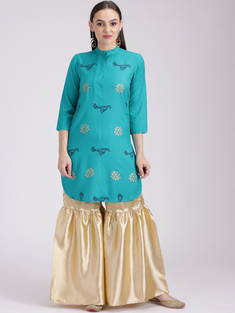 

studio rasa Women Sea Green & Beige Striped Straight Kurta