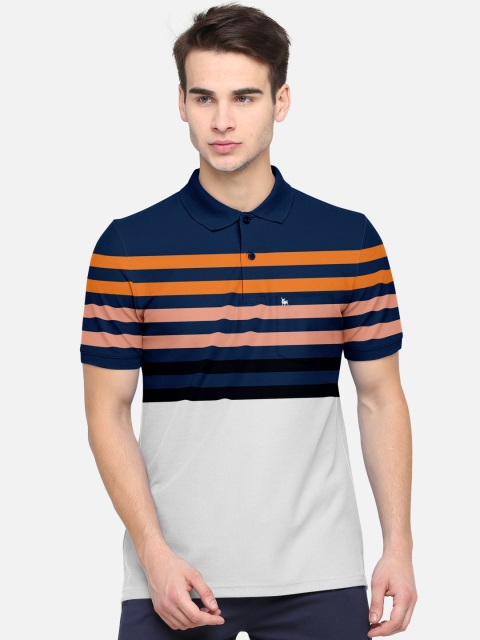 

BULLMER Men Navy Blue White Striped Bio Finish Polo Collar Pure Cotton T-shirt