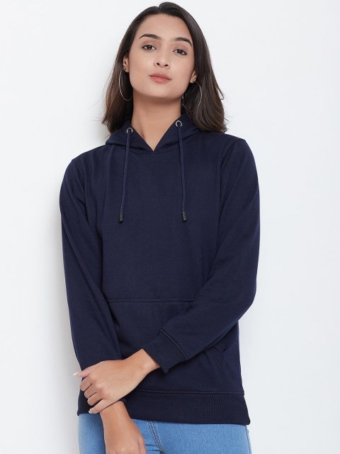 

wesquare Women Navy Blue Solid Hooded Sweatshirt