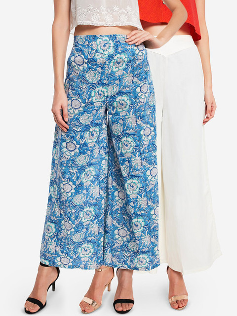 

Desi Weavess Women Pack Of 2 White & Blue Wide Leg Palazzos