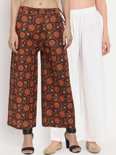 

TAG 7 Women Pack Of 2 White & Red Printed Flared Palazzos