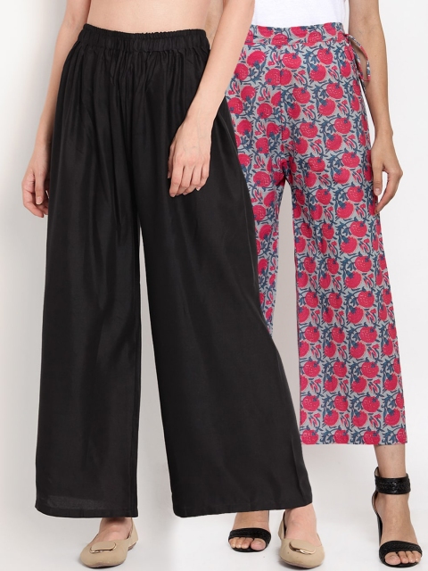 

TAG 7 Women Pack Of 2 Printed Flared Palazzos, Black