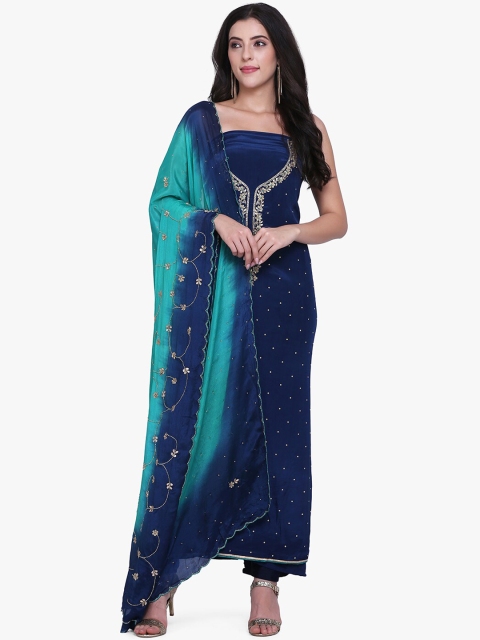 

BOMBAY SELECTIONS Navy Blue & Green Poly Crepe Unstitched Dress Material