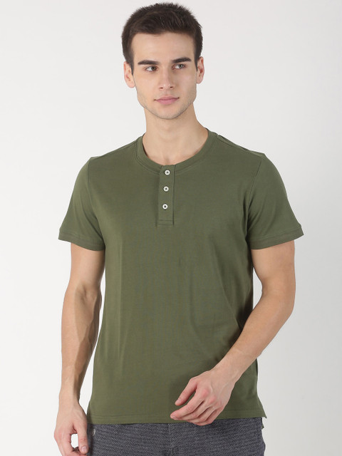 

Soul Space Men Green Solid Organic Cotton Henley Neck Organic Cotton T-shirt