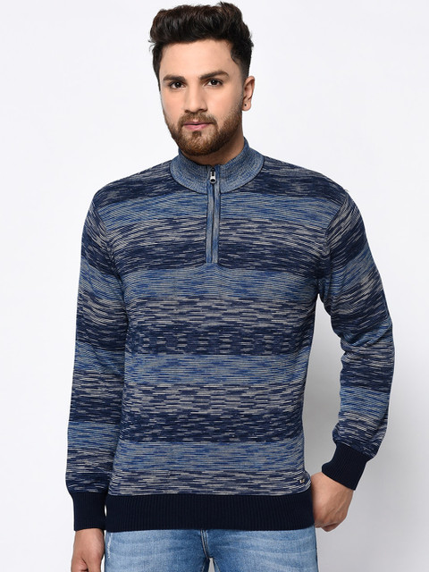 

98 Degree North Men Navy Blue Striped Pullover Sweater