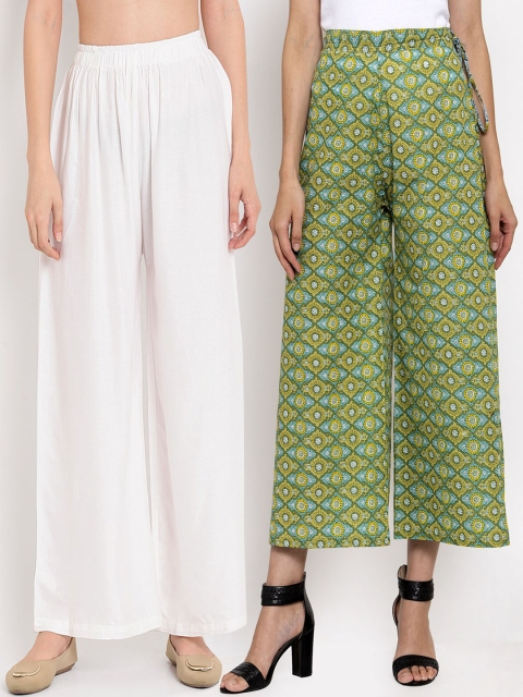 

TAG 7 Women Pack Of 2 White & Green Printed Flared Palazzos