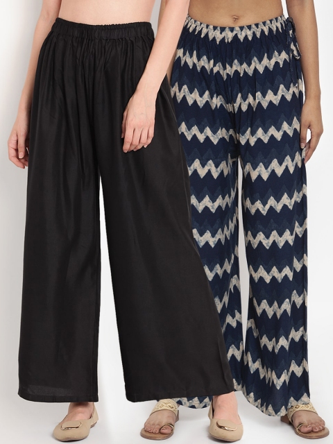

TAG 7 Women Pack Of 2 Black & Navy Blue Printed Flared Palazzos