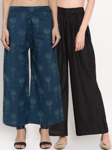 

TAG 7 Women Black & Blue Printed Flared Palazzos