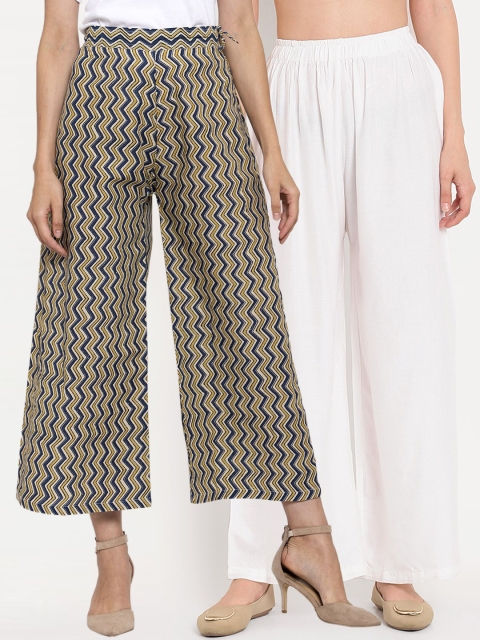 

TAG 7 Women Pack Of 2 White & Beige Printed Flared Palazzos