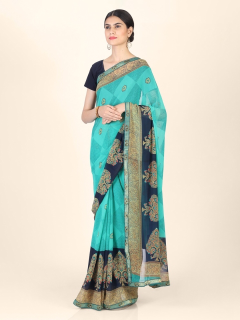 

CLAI WORLD Blue & Navy Blue Poly Georgette Printed Handloom Saree