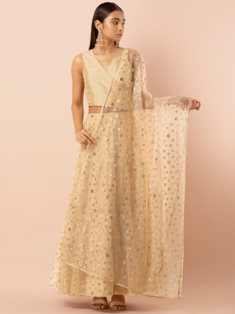 

INDYA Beige Embellished Mukaish Kingari Gota Mesh Dupatta