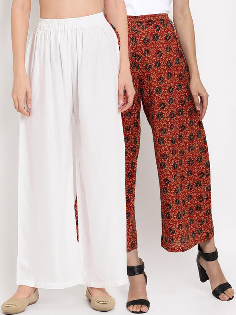 

TAG 7 Women Pack Of 2 Printed Flared Palazzos, White