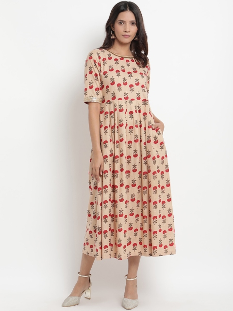 

trueBrowns Women Beige Printed Fit and Flare Dress