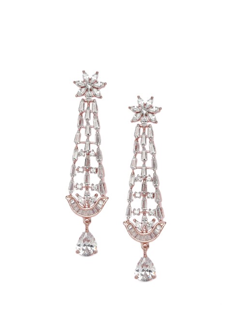 

INDYA White & Gold-Plated Geometric CZ Studded Drop Earrings