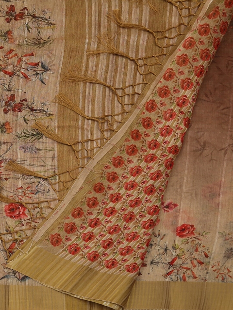 

Pothys Cream-Coloured & Mustard Yellow Jute Silk Printed Saree