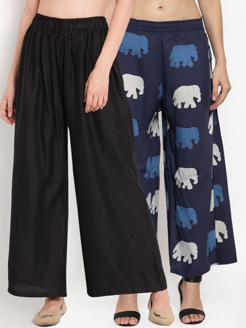 

TAG 7 Women Pack Of 2 Black & Navy Blue Printed Flared Palazzos