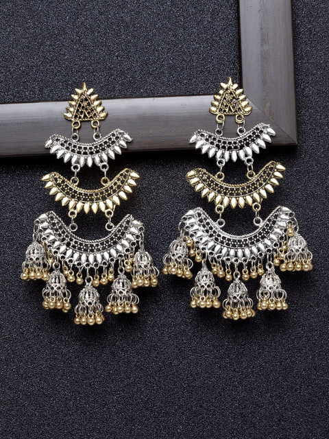 

Ibtida Gold-Toned & Silver-Toned Rhodium-Plated Oxidised Teardrop Shaped Chandbalis
