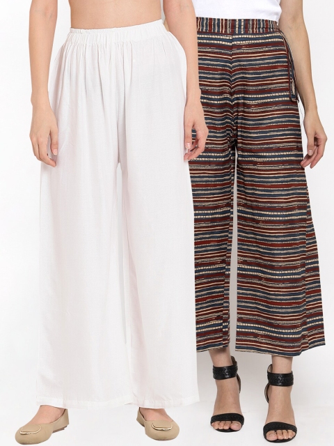 

TAG 7 Women Pack Of 2 White & Red Striped Flared Palazzos