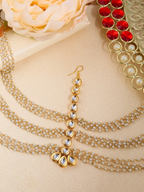 

Shoshaa Gold-Plated & White Multi-Stranded Layered Beaded Kundan-Studded Handcrafted Maatha Pathi