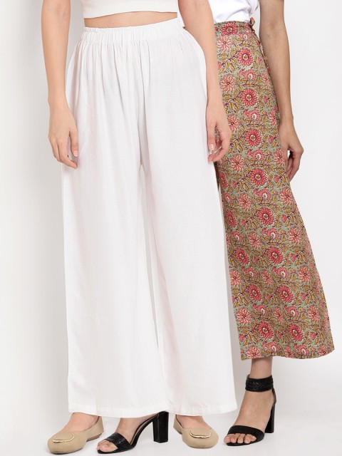 

TAG 7 Women Pack Of 2 Printed Flared Palazzos, White
