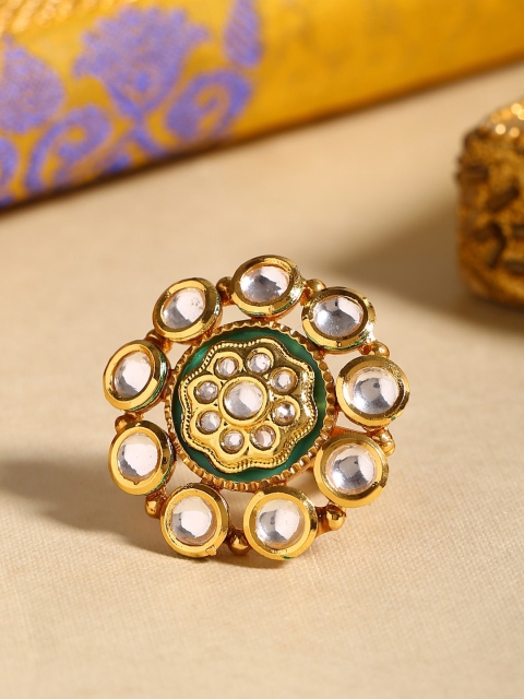 

Shoshaa Gold-Plated White & Green Kundan-Studded Enamelled Handcrafted Adjustable Finger Ring