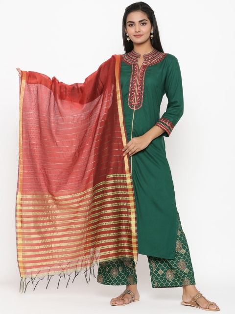 

RANGMAYEE Women Green & Maroon Solid Kurta with Palazzos & Dupatta