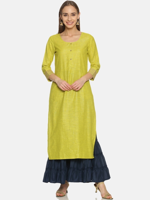 

Saffron Threads Women Lime Green & Gold Checked Straight Kurta