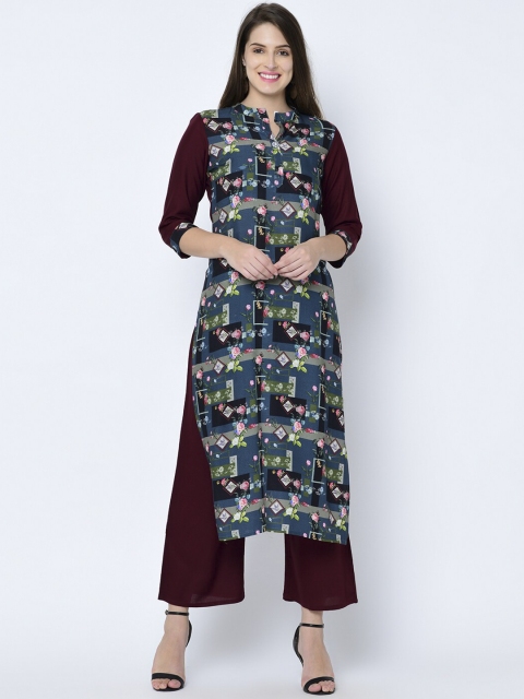 

ZIYAA Women Maroon & Green Floral Printed Straight Kurta