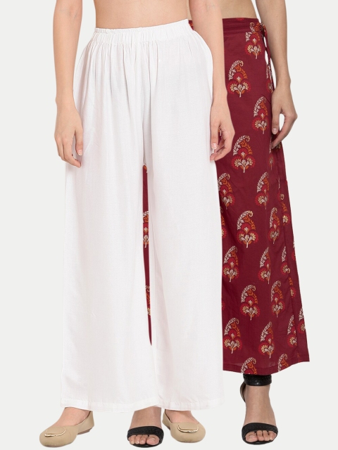 

TAG 7 Women Pack Of 2 White & Maroon Printed Flared Palazzos