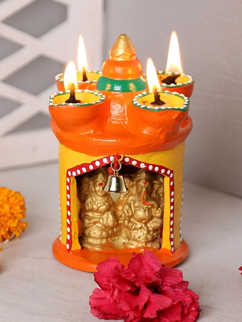 

Aapno Rajasthan Orange & Gold-Toned Small Terracotta Laxmi Ganesh Temple With 4 Deepak