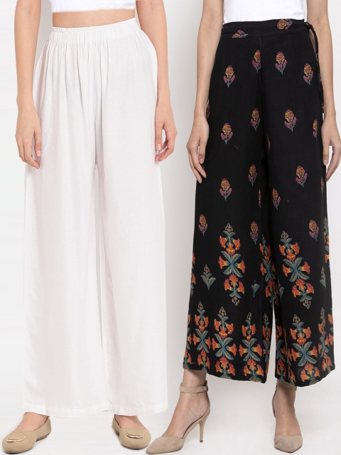 

TAG 7 Women Pack Of 2 White & Black Printed Flared Palazzos